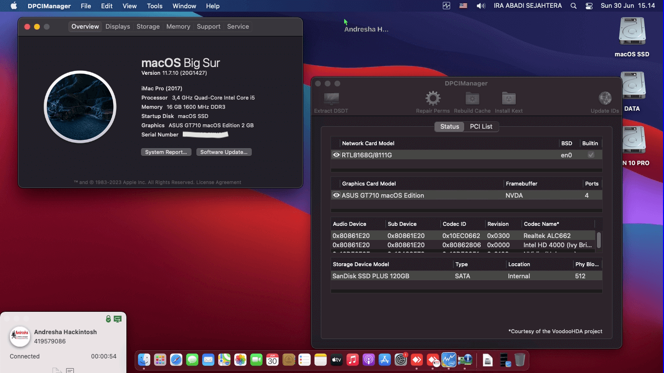 Success Hackintosh macOS Big Sur 11.7.10 Build 20G1427 in Varro B75 + Intel Core i5 3570 + Asus GT 710